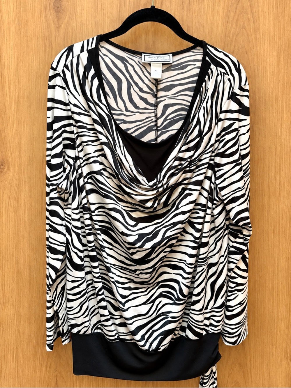 SIMONTON Says Women’s XL Black/White Zebra Cowl Neck Tie Knit Stretch Blouse
